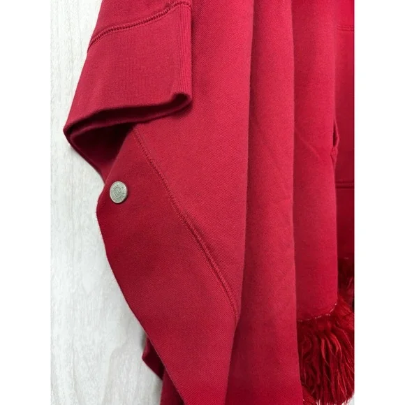 Polo Jeans Co Ralph Lauren Poncho Cape Red Fringe Hooded One Size Vintage Boho - Picture 7 of 8
